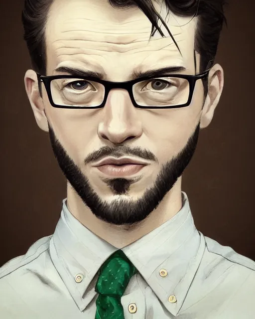 Prompt: a portrait of a smirking man with short brown hair and green eyes, wide face, strong jawline, thick rimmed glasses, nerdy, strong facial features, button - up shirt, handsome and attractive, masculine features, very detailed digital art, dynamic lighting, moody atmosphere, dark background, 4 k portrait art by artgerm, greg rutkowski, craig mullins