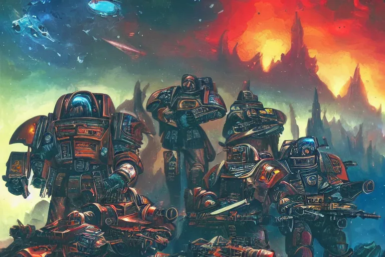 Prompt: futuristic battlefield, warhammer 4 0 k, space orcs, colorful, epic, digitally painted by tim doyle, kilian eng and thomas kinkade, centered, uncropped