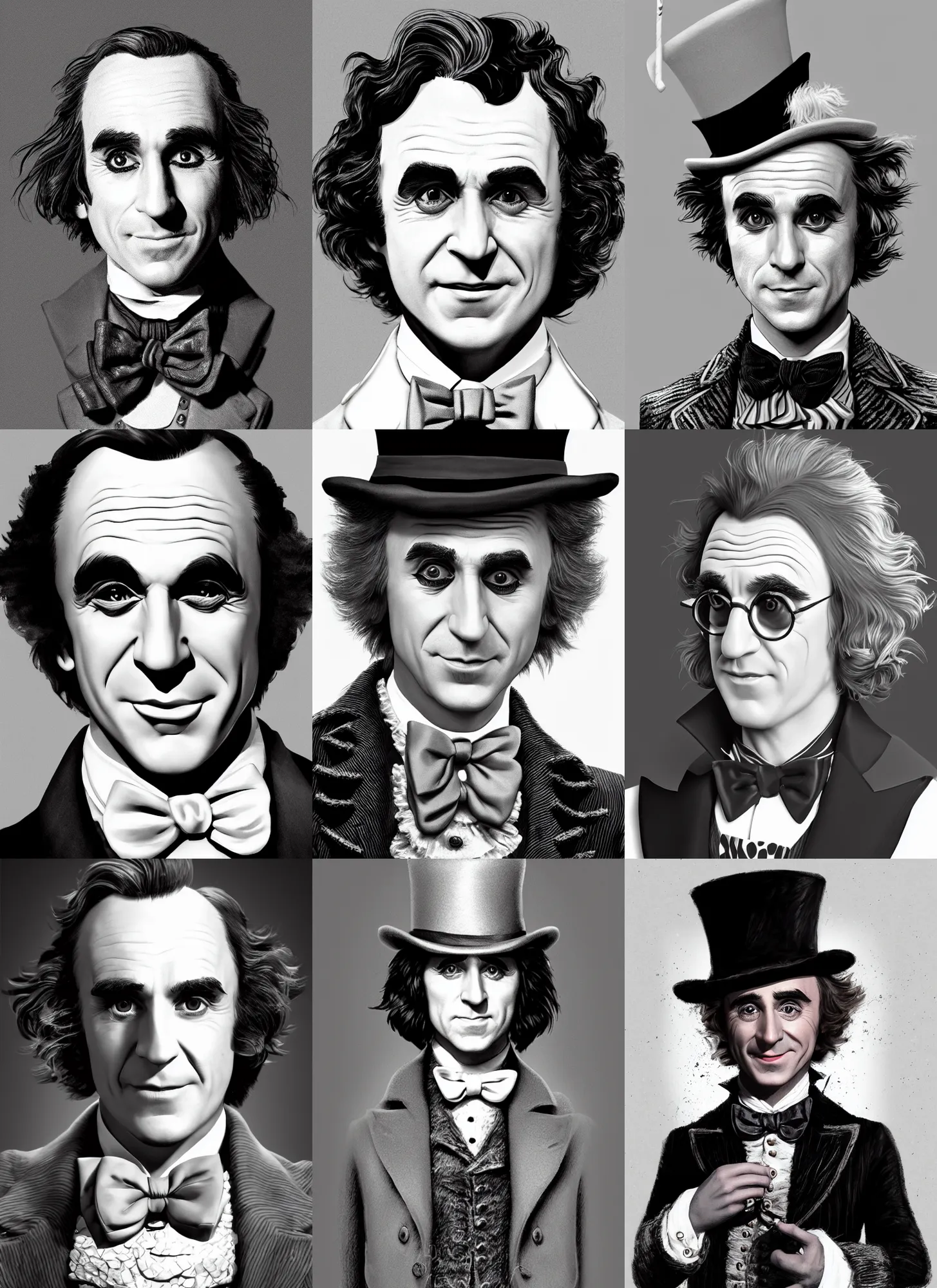 Prompt: black and white character portrait of Willy Wonka played by Daniel Day-Lewis, digital art, trending on artstation, 4k