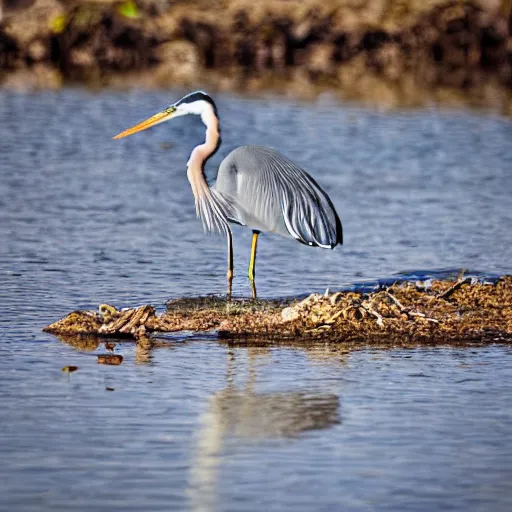 Prompt: A heron eating a fish, 50mm, F1.4, ISO 200, 1/160s, natural light, nature photography