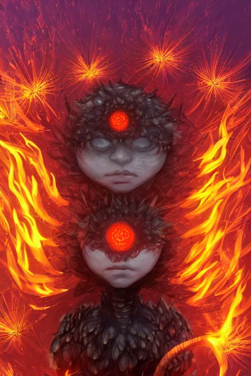 Image similar to a glowing humanoid figure dandelion monster with large glowing eyes, surrounded by fire, highly detailed, digital art, sharp focus, trending on art station, artichoke, anime art style