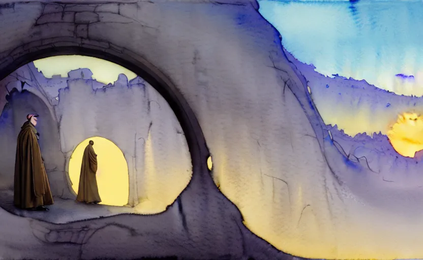 Prompt: a hyperrealist watercolor concept art of a medieval monk in grey robes at sunset day in the desert. a dimensional portal in the shape of a tree arch is in the background and an blue sky is seen through the portal. very muted colors, by rebecca guay, michael kaluta, charles vess. high detail, hq, wide shot, 4 k