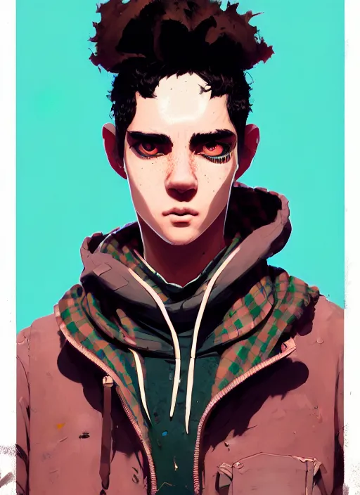 Image similar to highly detailed portrait of a sewer punk guy student, black hair, brown eyes, tartan hoody, curly hair by atey ghailan, by greg rutkowski, by greg tocchini, by james gilleard, by joe fenton, by kaethe butcher, gradient pink, brown, light blue and white color scheme,