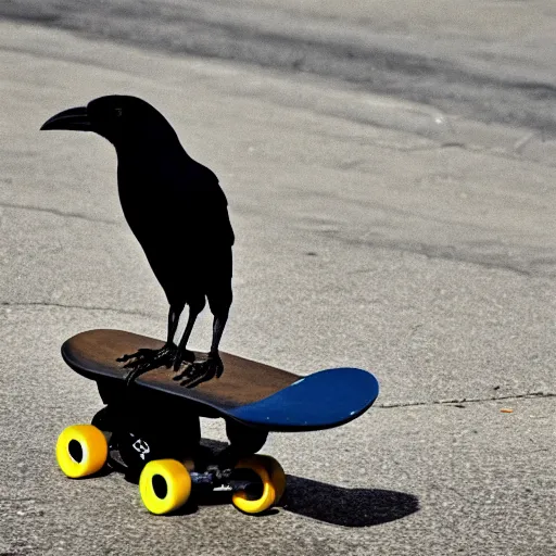 Image similar to a photo of a crow riding a skateboard