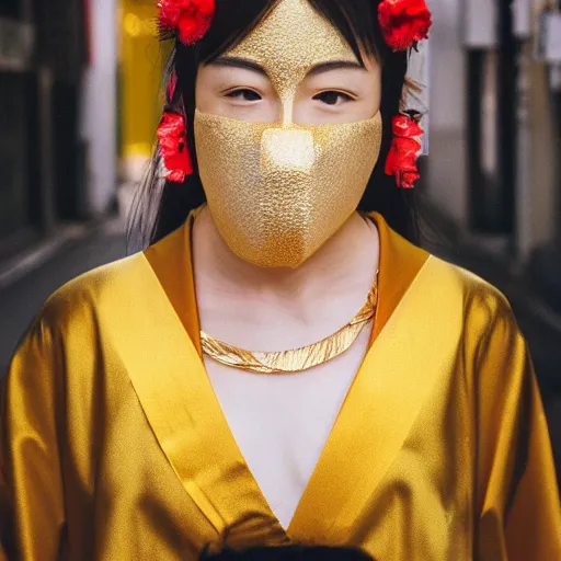 Image similar to japanese female balaclava mask with golden necklace and kimono, photo portrait, beautiful female model, tokyo, city neon light, bokeh, long exposure, kodak promax 4 0 0, sony lens, golden fractals and dmt