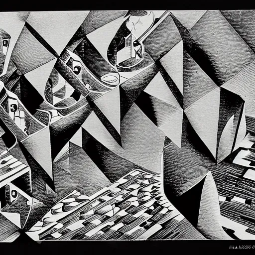 Prompt: black and white illustration of an impossible image by M.C. Escher