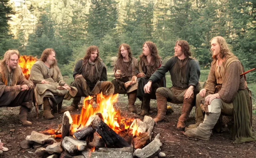 Prompt: the fellowship of the ring making s'mores around a campfire