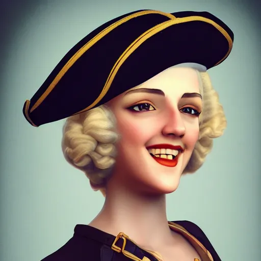 Prompt: laughing, teasing, beautiful, intelligent, blonde female pirate captain 2 8 years old, 1 9 3 0 s haircut, fully clothed, wise, beautiful, 1 7 5 0 s oil painting, dramatic lighting, trending on artstation, sharp focus