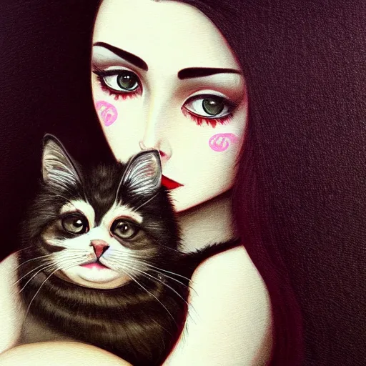 Image similar to a painting of an emo mexican woman with long dark hair thick eyebrows dark eyes and dark circles wide nose big eyes oval face shape big cheeks holding her cat, photorealistic painting by tran nguyen and ilya kuvshinov, featured on deviantart, gothic art, goth, gothic, detailed painting