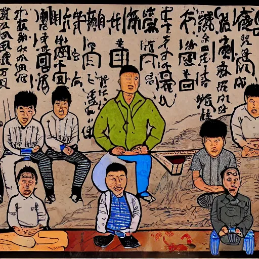 Image similar to uyghur men in a prison, in the style of daniel johnston and outsider art, 4k, overlaid with chinese text