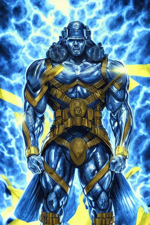 Prompt: a hyper realistic picture of a super soldier with a Ukrainian blue and yellow stripes flag standing in the beam of light from the clouds on a pile of skulls as a winner, masculine figure, D&D, fantasy, intricate, elegant, highly detailed, digital painting, artstation, concept art, matte, sharp focus, symmetrical, illustration, art by Artgerm and Greg Rutkowski and Alphonse Mucha