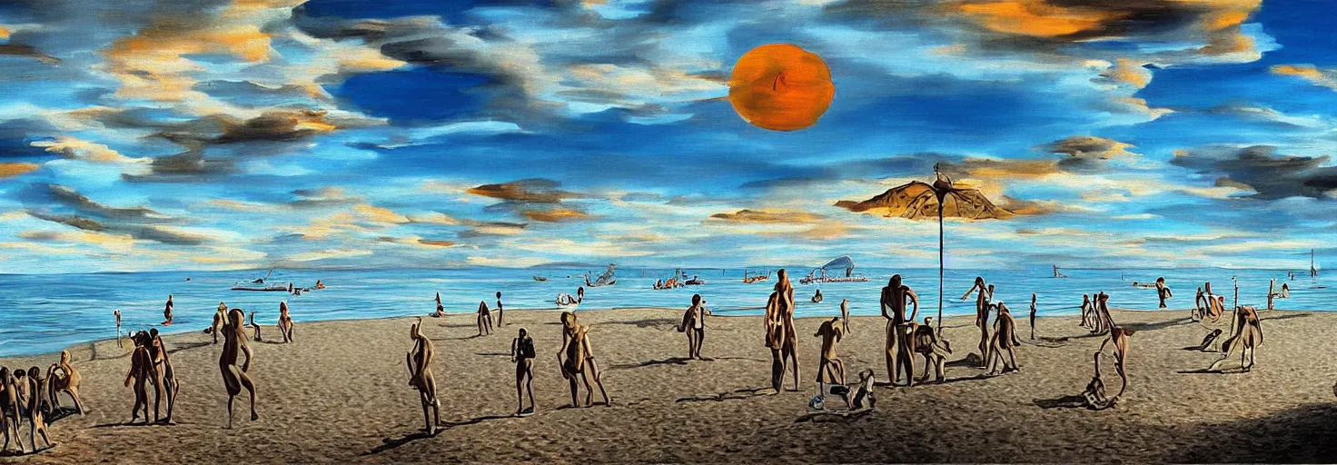 Image similar to People in beach by Salvador Dali and Bob Ross collaboration, mural, sun set, digital art, high details