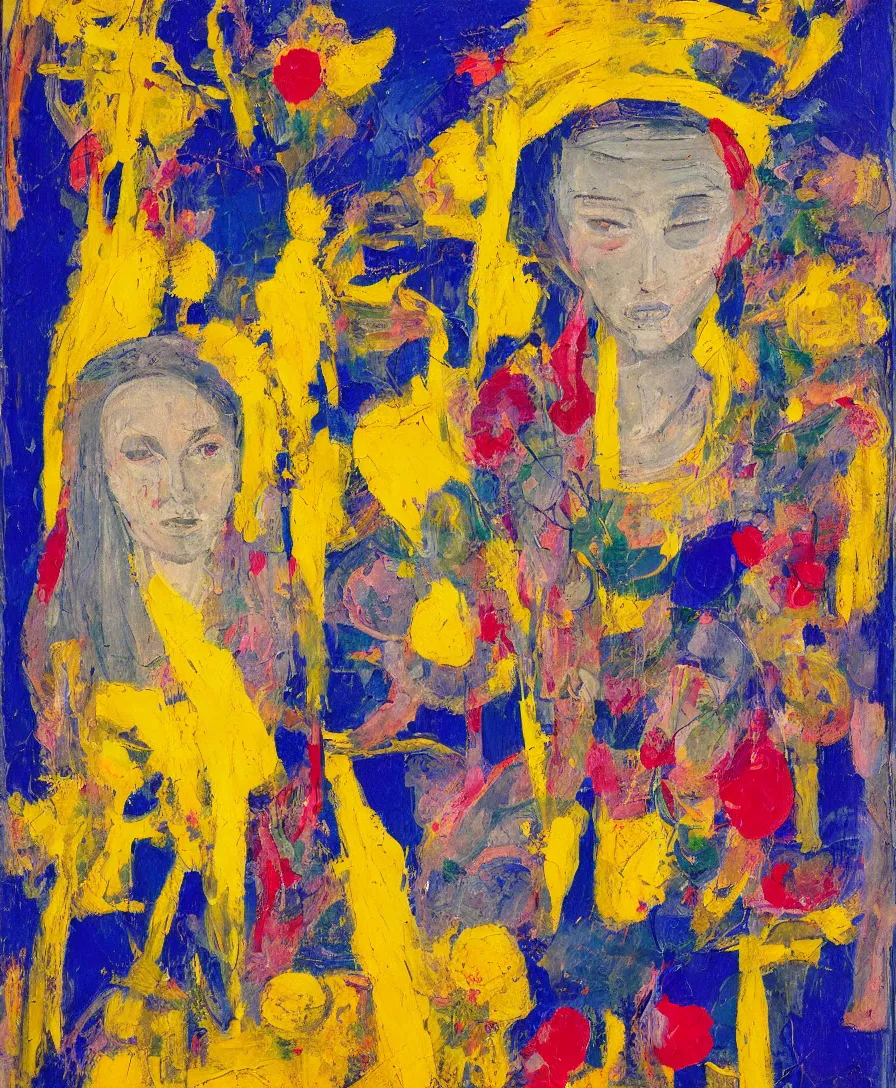 Prompt: portrait of a single priestess with flowers in her hair and a candle in her hand, yellow and blue ribbons, expressive abstractionism, many small saturated hard relief strokes of oil on canvas with high detail