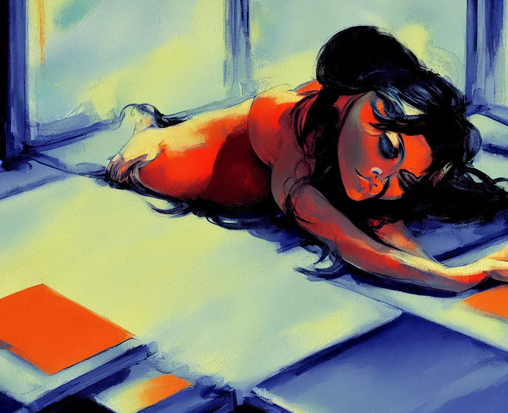 Image similar to a closeup view of painting of a woman laying on top of a table in a dark ambient, a light breeze is pushing away the curtains of a small window, a gouache by nathan oliveira and elaine de kooning, cgsociety, figurativism, dark surreal art, painterly, paint strokes, smudged paint, palette knife texture, digital illustration, artstation