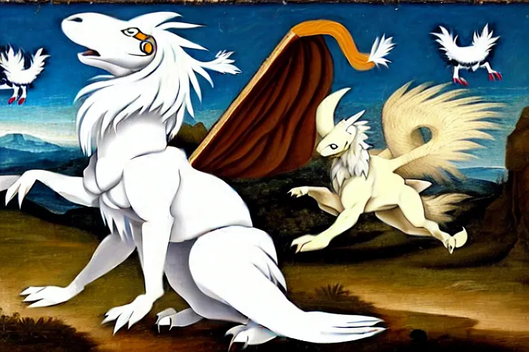 Prompt: a white feathered wolf with a bladed horn and tail. a renaissance oil painting of absol in the style of a pokemon snap screenshot.