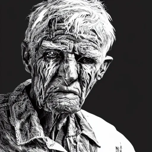 Image similar to detailed half body digital art of a old person wearing ragged and ruined clothes. the background is pure black with a little bit of glow behind the character