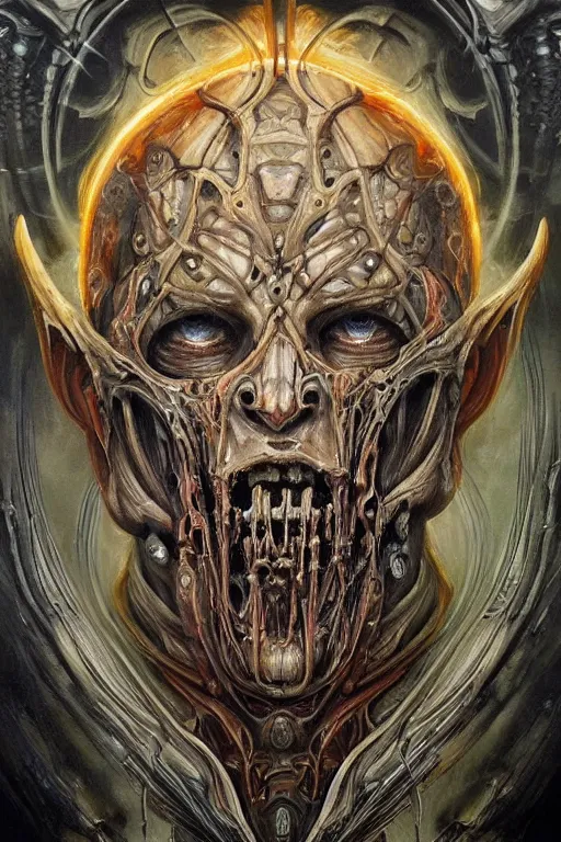 Image similar to Elden Ring and Doom themed painting of majestic chromatic biomechanical anatomical undead warrior hybrid beautiful ethereal angel symmetrical neutral mask closeup face tattoo pattern golden ratio concept, Neo-Gothic concept, infinity glyph waves, intricate artwork masterpiece, very coherent artwork, cinematic, full frontal facial features by Artgerm, art by H.R. Giger, Joseph Michael Linsner, Zdizslaw Beksinski, Johnatan Wayshak, Moebius, Ayami Kojima, very anatomically coherent artwork, trending on cgsociety, ultra high quality model, production quality cinema model, high detail chromatic ink outline, octane render, unreal engine 8k, hyper realism, high detail, octane render, unreal engine, 8k, High contrast