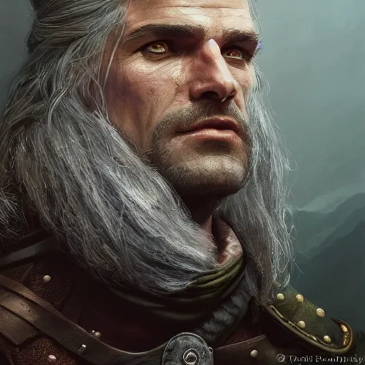 Image similar to Epic Masterpiece head and shoulders portrait of Kermit as Geralt in the Witcher 3 Wild Hunt drawn by Donato Giancola and Tom Bagshaw, Edmund Leighton, Alphonse Mucha, 4k, volumetric lighting, komorebi, trending on artstation, octane render, hyperrealistic