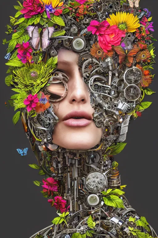 Prompt: a beautiful intricate fine art portrait photo of a a mechanical industrial cybernetic humanoid overgrown with colorful flowers, leaves and butterflies by anna dittmann and zach sutton, perfection!, eyes with catchlight, ex machina robot, golden ratio composition, studio lighting, 50mm lens, bionic, cybernetic scifi, deep depth of field, artstation, 8K, highly coherent