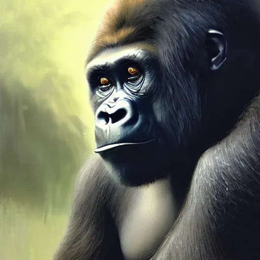 Image similar to a painting of a gorilla, greg rutkowski, leonardo da vinci cinematic lighting, hyper realistic painting