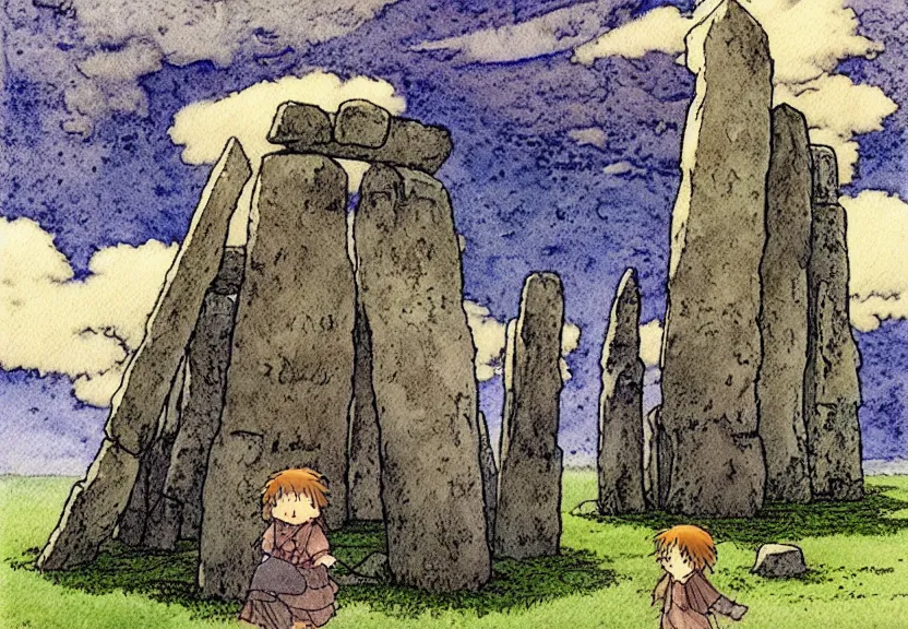 Image similar to a simple watercolor studio ghibli movie still fantasy concept art of a giant wizard playing in a tiny stonehenge. it is a misty starry night. by rebecca guay, michael kaluta, charles vess