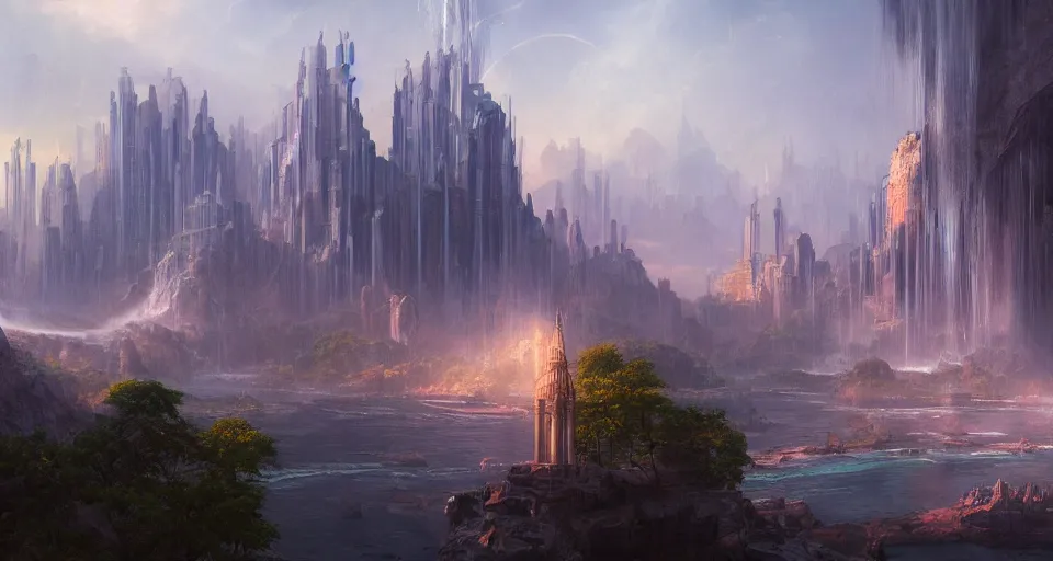 Image similar to a matte painting of beautiful religious science fiction city, with waterfalls, 8 k, cinematic lighting, hd, atmospheric, hyperdetailed, trending on artstation, deviantart, digital painting, concept art smooth sharp focus illustration, art by artgerm and raoul marks