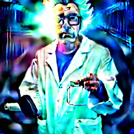 Image similar to portrait of rick sanchez, lab coat and tee shirt, lens flare, atmosphere, glow, detailed, intricate, full of colour, cinematic lighting, 4 k, hyperrealistic, focused, extreme details, cinematic, masterpiece