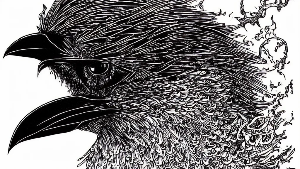 Prompt: highly detailed illustration of a crow on fire by aaron horkey