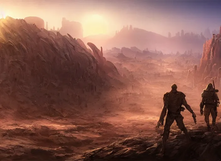 Prompt: detailed concept illustration, matte painting, strong muscular older soldier roaming through desert with city in the skyline, two suns, purple sky orange colors, ant aliens at the horizon, sharp focus, illustration, highly detailed, digital painting, concept art, matte, art by wlop and artgerm and greg rutkowski, masterpiece