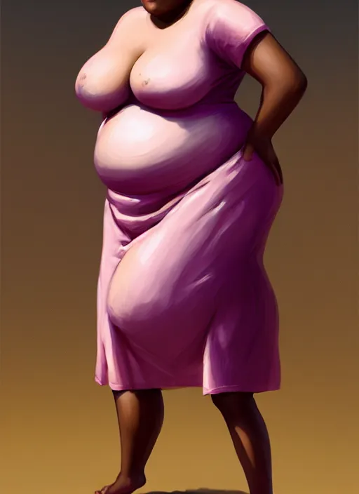 Image similar to full body portrait, teenage vanessa morgan, pink hair, brown skin, obese, curly pixie hair, sultry, realistic, short hair, hoop earrings, skirt, shirt, fat, belly, intricate, elegant, highly detailed, digital painting, artstation, concept art, smooth, sharp focus, illustration, art by wlop, mars ravelo and greg rutkowski