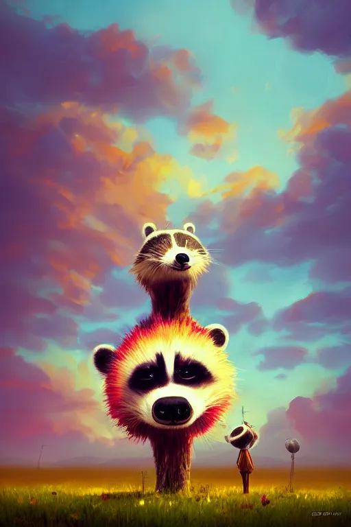 Prompt: giant daisy flower head, anthropomorphic raccoon on salt flats, surreal photography, sunrise, dramatic light, impressionist painting, colorful clouds, digital painting, artstation, simon stalenhag