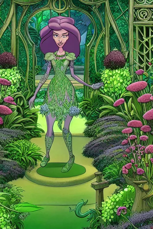 Prompt: intricate detailed Garden, Green Witch Walking her Garden, magical garden plant creatures, enchanted, life like plants, In The animation style of X-Men: The Animated Series, high detail, max upscale