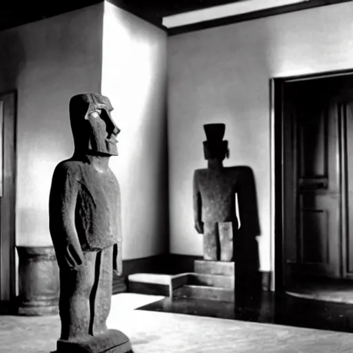 Prompt: easter island moai as the main character in a black and white noir film wearing a fedora standing in the foyer of a 1 9 4 0 s house, intricate, 1 9 4 0 s film noir, robert siodmak, fritz lang, otto preminger, orson welles, billy wilder