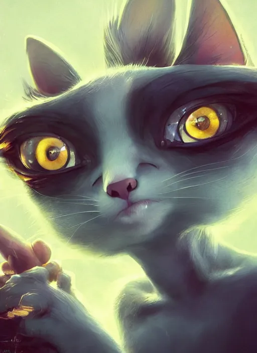 Image similar to a beautiful half body portrait of a cute young anthropomorphic alien cat fursona. big eyes. character design by cory loftis, fenghua zhong, ryohei hase, ismail inceoglu and ruan jia. volumetric light, detailed, rendered in octane