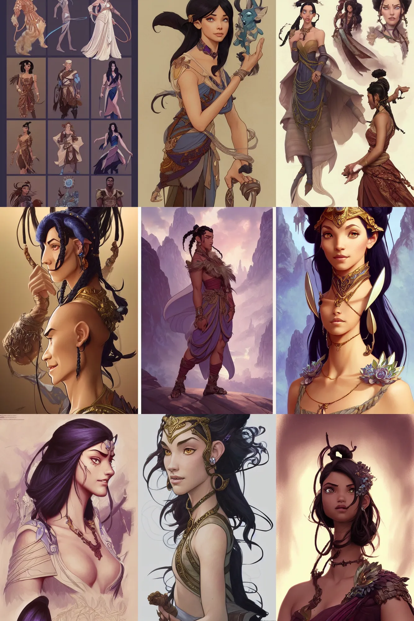 Prompt: fashion and character design spot illustrations from avatar combined with disney's hercules, d & d, fantasy, intricate, elegant, highly detailed, digital painting, artstation, concept art, matte, sharp focus, illustration, hearthstone, art by artgerm and greg rutkowski and alphonse mucha