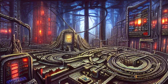 Prompt: painting of redwood forest labyrinth consuming cyberpunk metropolis in the style of steampunk by dan seagrave and john stephens