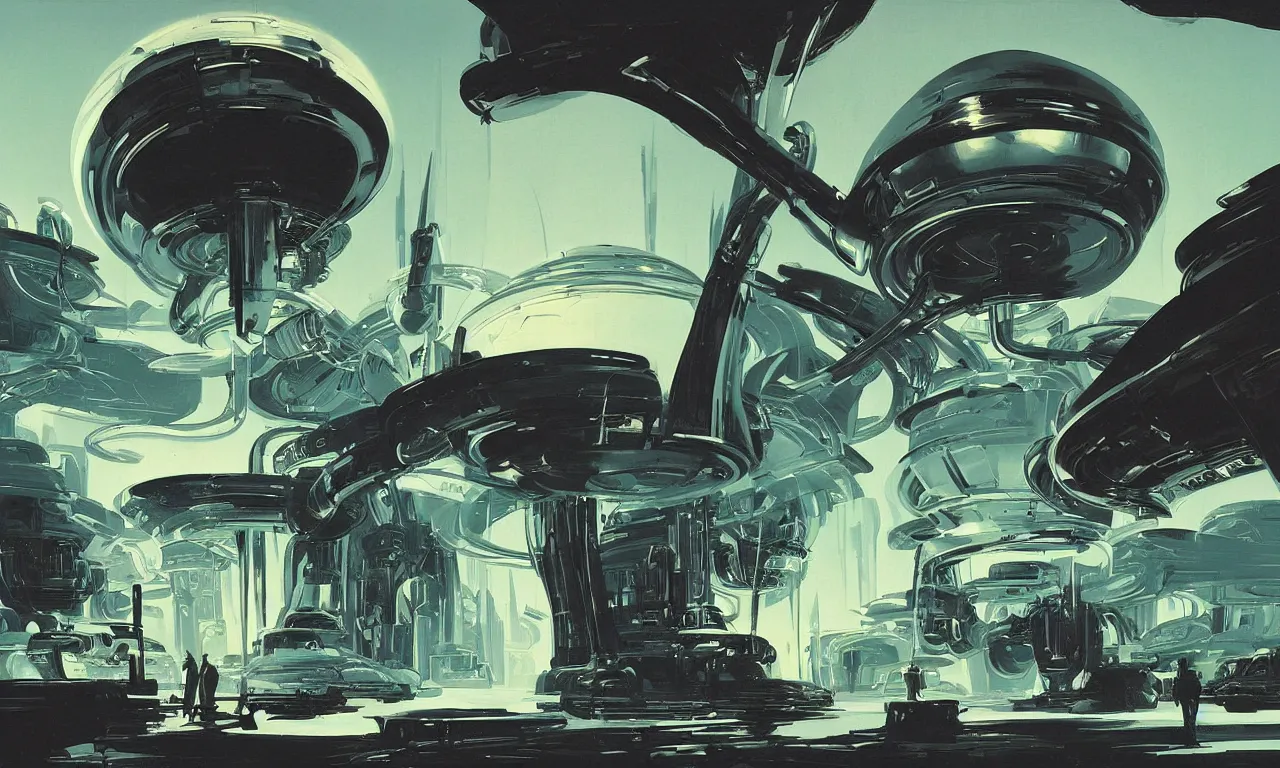 Prompt: Exploration of an ancient science-fiction alien world by Syd Mead, Federico Pelat