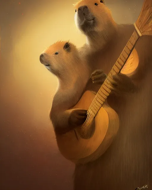 Image similar to Capybara playing Guitar, portrait, dress, magic the gathering artwork, D&D, fantasy, cinematic lighting, centered, symmetrical, highly detailed, digital painting, artstation, concept art, smooth, sharp focus, illustration, volumetric lighting, epic Composition, 8k, art by Akihiko Yoshida and Greg Rutkowski and Craig Mullins, oil painting, cgsociety