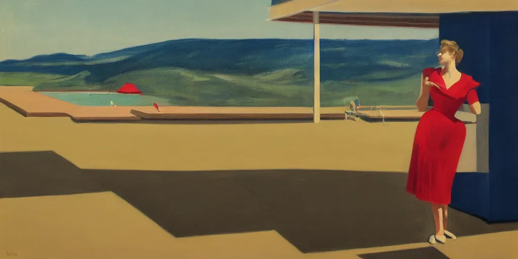 Prompt: Painting of a 1950s woman standing by a pool watching a tornado on the horizon, in the style of Edward Hopper