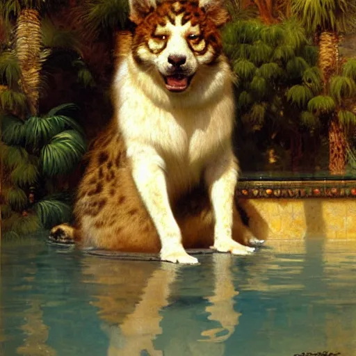 Prompt: a portrait of an animal in the pool, furry body, furry arms, furry legs, furry tail. highly detailed painting by gaston bussiere, craig mullins, j. c. leyendecker, furry