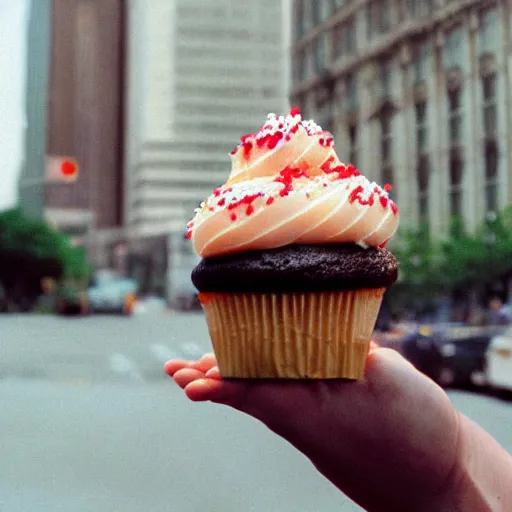 Prompt: photo godzilla enjoying a cupcake, cinestill, 800t, 35mm, full-HD