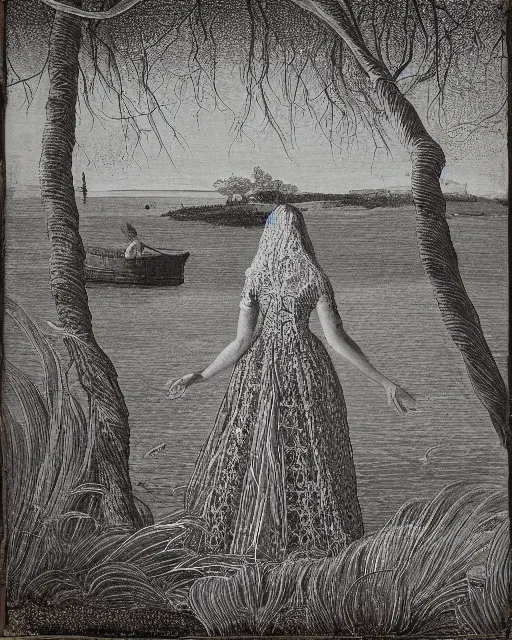 Image similar to a woman standing at the shore, made of intricate decorative lace leaf skeleton, in the style of the dutch masters and gregory crewdson, dark and moody