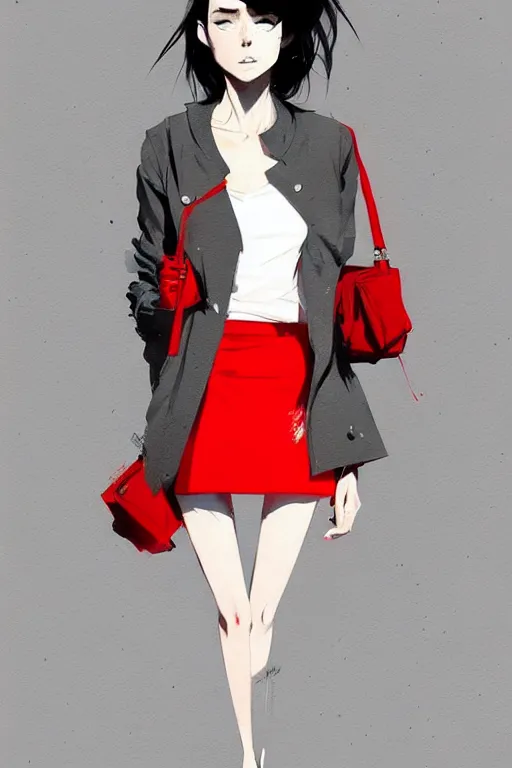 Image similar to a ultradetailed painting of a stylish woman wearing a grey jacket with red skirt, by conrad roset, greg rutkowski and makoto shinkai trending on artstation