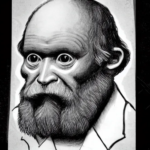 Image similar to Charles Darwin snorting lines of the universe in an art studio, drawing in the style of escher