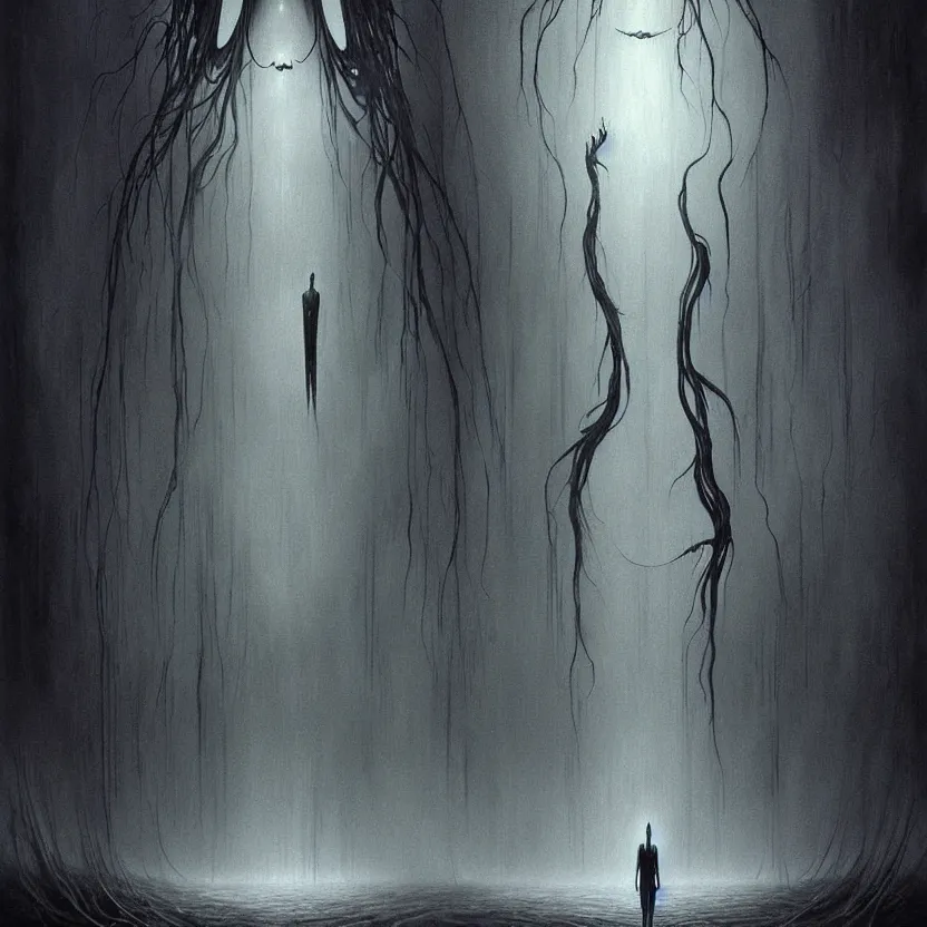 Prompt: tall alien grey art detailed painting of a creepy eerie alien being with large black eyes and no mouth, intricate matte painting background, elegant horror artwork, many colors in eldritch nightmare, luxurious, ominous, 4k, cinematic, by Zdzislaw Beksinski, by Yoshitaka Amano, horizontally symmetrical, by Wayne Barlowe, trending on Artstation