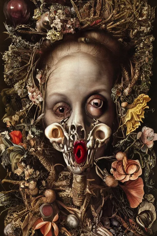 Prompt: Detailed maximalist portrait with large lips and with large, wide eyes, expressive, extra bones and flesh, HD mixed media, 3D collage, highly detailed and intricate, surreal, botany, illustration in the style of Caravaggio, dark art, baroque