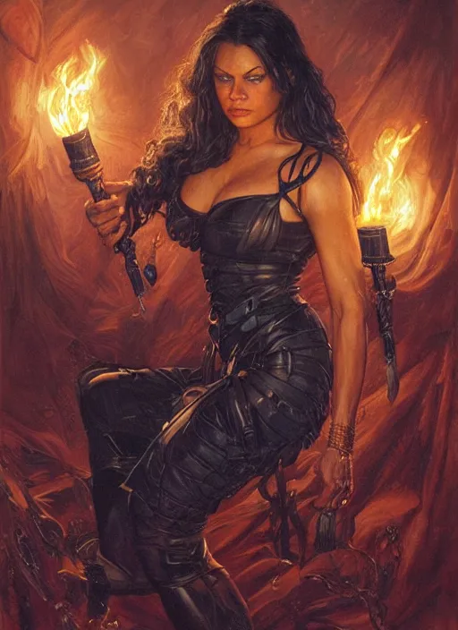 Image similar to portrait of a very muscled Mila Kunis as a heroine staring into the camera, torches and fireflies, artstation, intricate, elegant, highly detailed, art by Donato Giancola, Joseph Christian Leyendecker, WLOP, Boris Vallejo, Artgerm