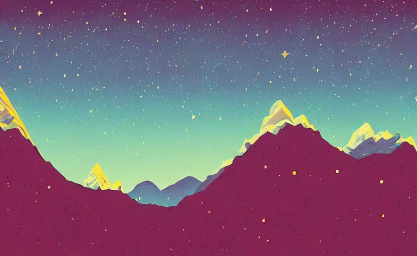 Image similar to mountains, stars and paisley filled sky, artstation, intricate, highly detailed, digital painting, concept art, sharp focus, illustration by Tom Whalen and Charles Williams