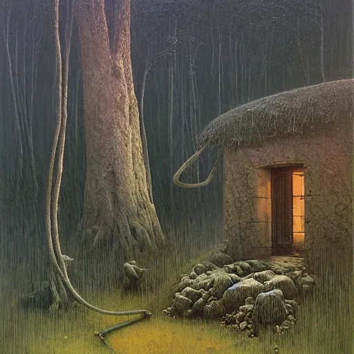 Image similar to small cottage in the forest by zdzisław beksinski, marco mazzoni, peter gric, oil on canvas, highly detailed, whimsical, fantasy