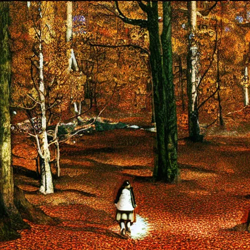 Image similar to lone girl dressed in bear skin, walks in autumn forest, by Kentaro Miura